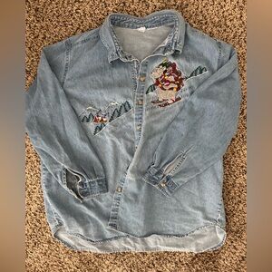 Vintage Denim Shirt with Embroidered Winter Design